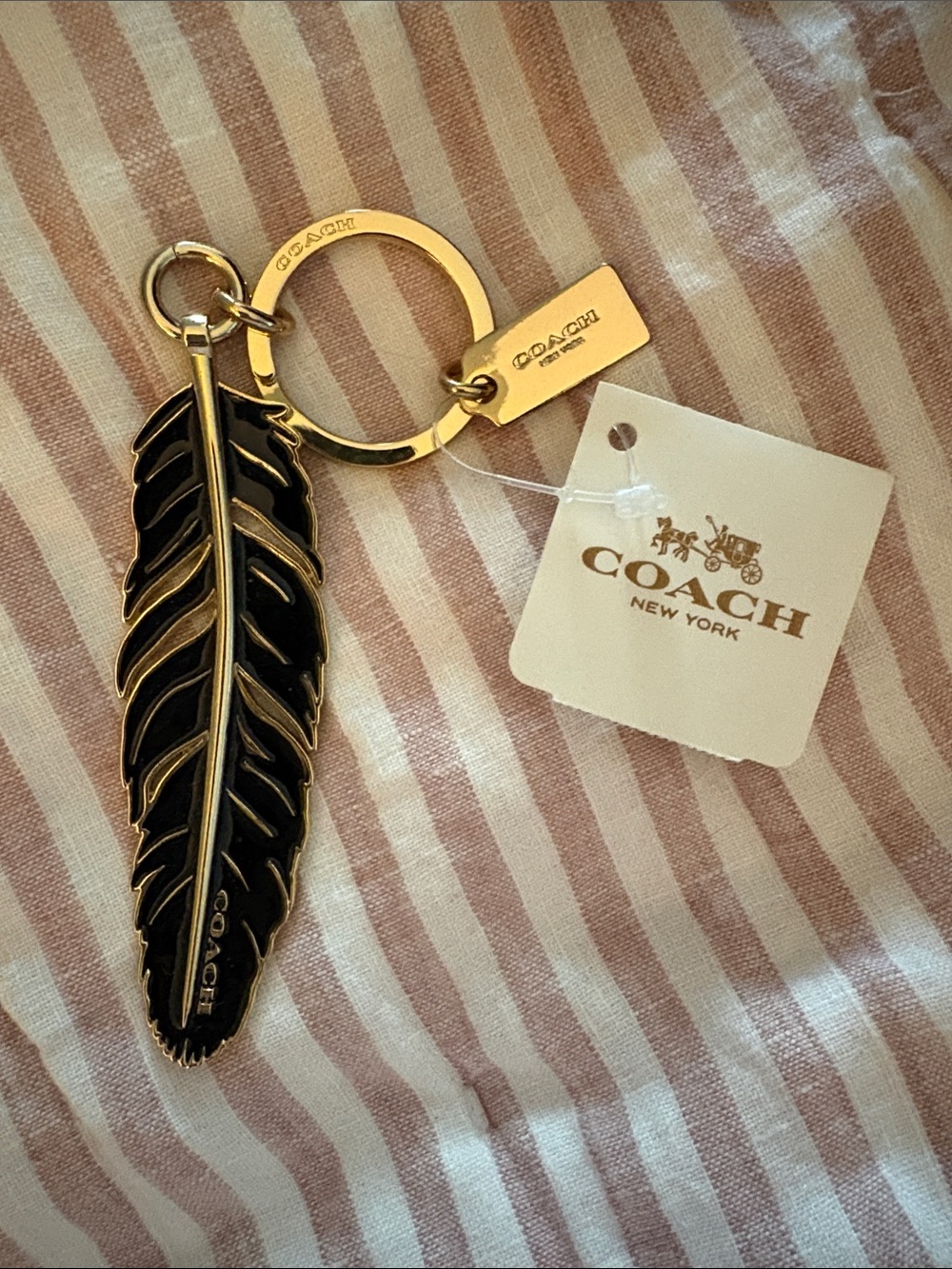 Coach Black Enamel Feather Key Ring with Gold Hardware
